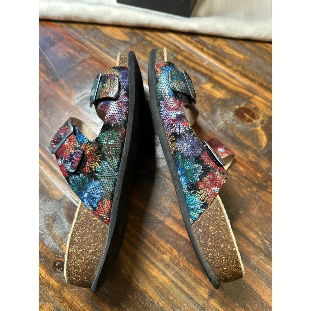 ABEO Blythe Multi Floral Snake Embossed Leather Orthotic Slide Sandals Womens 8N